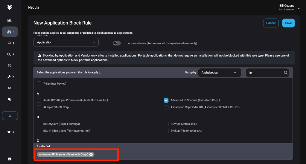 Adding Advanced IP Scanner to my "Ransomware tools" rule in ThreatDown Application Block.